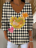 Women's Plaid Chicken Print Casual Pullover Sweater