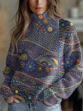 Vintage Art Print Knit Turtleneck Pullover Sweater