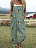 Women's Funny Bee Art Print Casual Cotton Linen Wide Leg Jumpsuit
