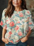 Women's Vintage Flower Art Print Casual Crew Neck Short Sleeve Knitted Sweater