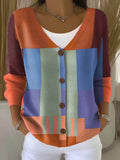 Vintage Geometry Art Print Buttoned V-neck Cardigan Sweater