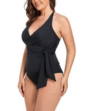 Black Faux Wrap Halter One Piece Swimsuit