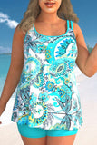 Tribal Print Wide Strap Cyan Tankini Set