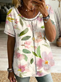 Retro Floral Print & Cutout Webbing Spliced loose-fit Cotton-linen Short-sleeve Shirt