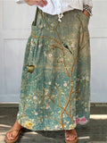 Women's Retro Floral Birds Art Casual Linen Pocket Skirt