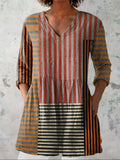 Strip Patchwork Pattern Printed Women's Casual Linen V-Neck Shirt