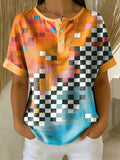 Retro Color-block Patchwork Print Loose-fit Cotton-linen Short-sleeve Shirt