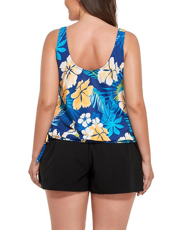 Yellow Flower Side Tie Blouson Tankini with Cargo Swim Short