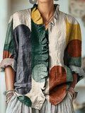 Women's Abstract Colorful Geometric Block Painting Art Print Casual Cotton And Linen Ruffle Shirt