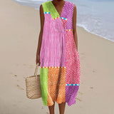 Women's Vintage Abstract Geometric Lines Art Print Sleeveless Cotton Pocket Wrap V Neck Dress