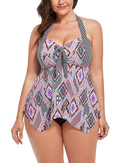 Pink Geometric Print Handkerchief Halter Tankini Set