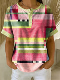 Retro Color-block Patchwork Print Loose-fit Cotton-linen Short-sleeve Shirt