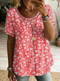 Women's Vintage Floral Print, Spliced, And Cutout-trimmed Loose Cotton-linen Shirt
