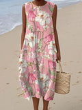 Women's Vintage Floral Art Print Sleeveless Cotton Pocket Wrap Dress