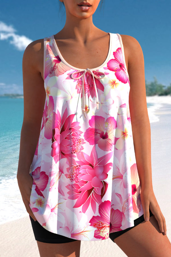 Plus Size Pink Floral Print Tankini Set
