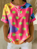 Retro Color-block Patchwork Print Loose-fit Cotton-linen Short-sleeve Shirt
