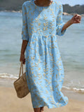 Women's Casual Solid Color Round Neck Mid-Sleeve Floral Print Cotton Linen Dress