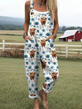 Women's Highland Cow Floral Print Casual Cotton Linen Wide Leg Jumpsuit