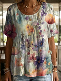 Elegant Floral Decorative Pattern Women's Round Collar Short Sleeve Cotton Shirt