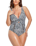 White Leopard print Ruched V-neck One Piece Swimsuit