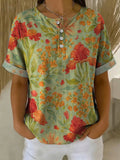 Women's Vintage Flower Pattern Printed Cotton Linen Top