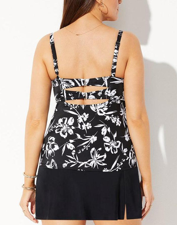 Black White Floral Faux Flyaway Underwire Tankini With Side Slit Swim Skirt