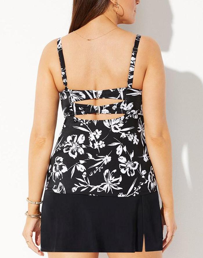 Black White Floral Faux Flyaway Underwire Tankini With Side Slit Swim Skirt