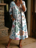 Women's Flower Print Casual Loose-fit Cotton-linen Dress With Lace Trim And Paneling