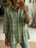 Casual Patchwork Cutout Webbing Plaid Linen-cotton Shirt