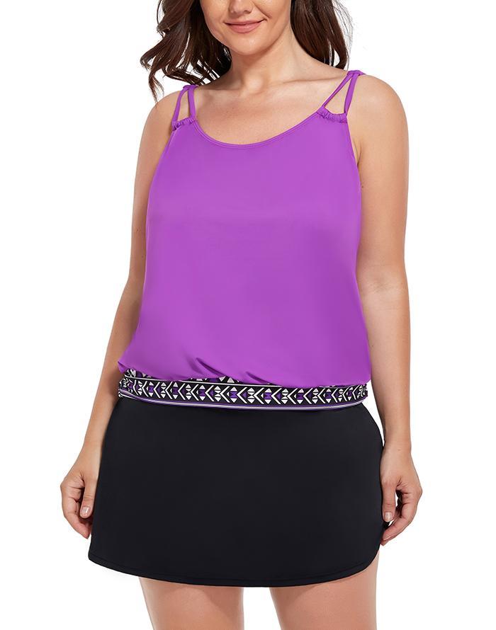 Purple Loop Strap Blouson Tankini With A-Line Swim Skirt