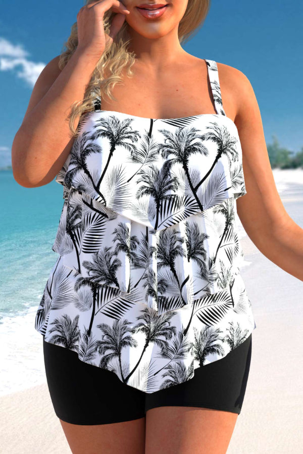 Coconut Print Layered Hem White Tankini Set