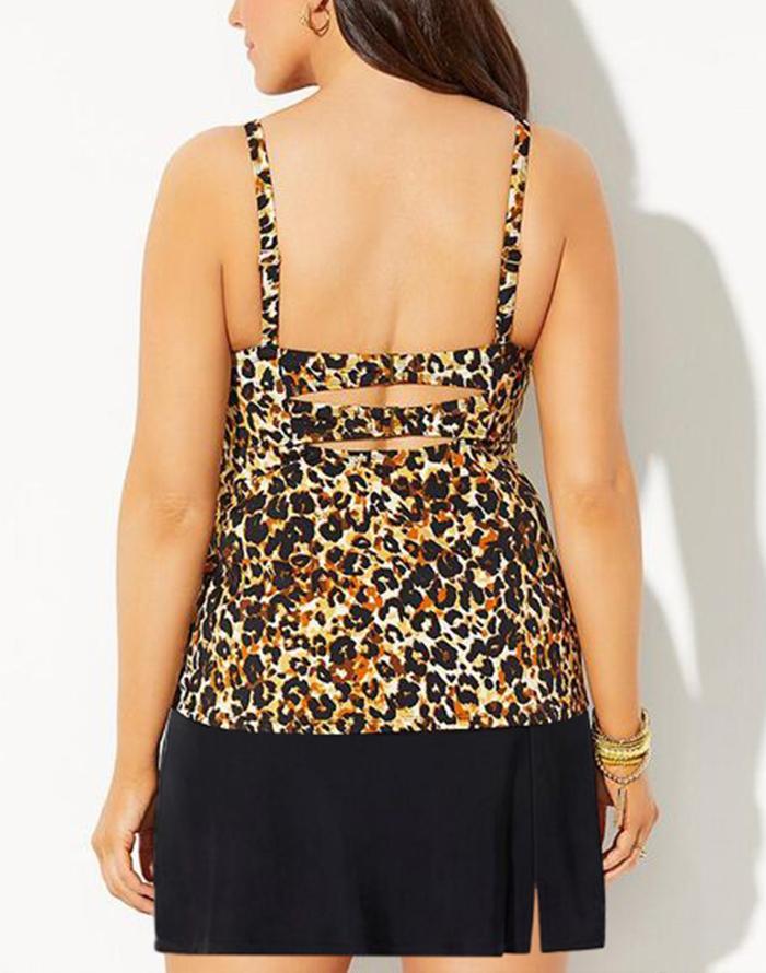 Ocelot Print Faux Flyaway Underwire Tankini With Side Slit Swim Skirt
