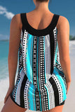 Stripe Print Cyan Wide Strap Tankini Set