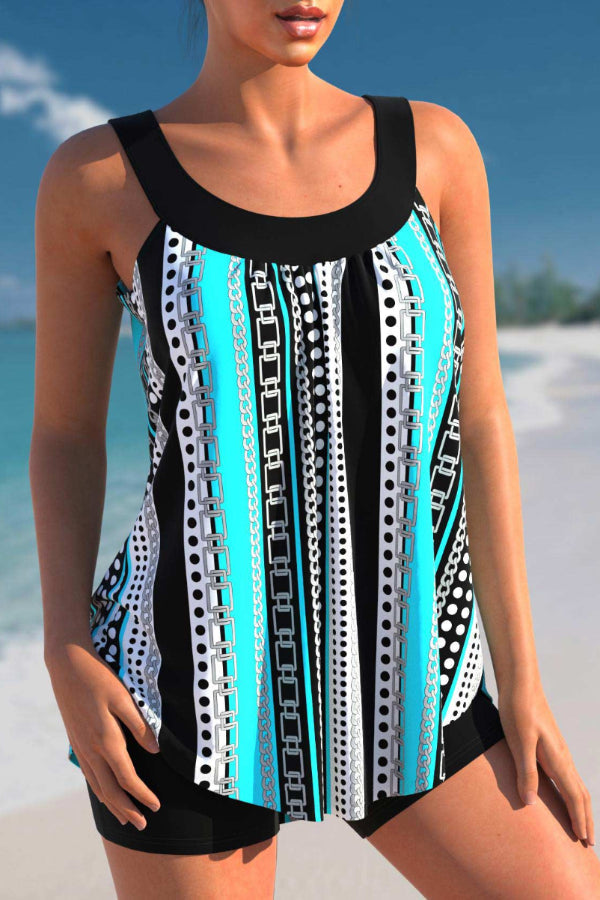 Stripe Print Cyan Wide Strap Tankini Set