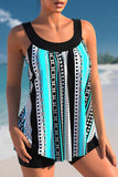 Stripe Print Cyan Wide Strap Tankini Set