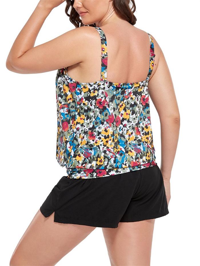 Small Floral Painting Loop Strap Blouson Tankini with Cargo Swim Short