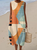 Women's Vintage Abstract Geometric Art Print Sleeveless Cotton Pocket Wrap Dress