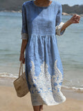 Women's Casual Solid Color Round Neck Mid-Sleeve Floral Print Cotton Linen Dress