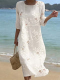 Women's Casual Round Neck Mid Sleeve Print Cotton and Linen Dress