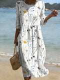 Women's Casual Solid Color Round Neck Mid-Sleeve Floral Print Cotton Linen Dress