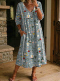 Women's Flower Print Casual Loose-fit Cotton-linen Dress With Lace Trim And Paneling