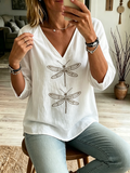 Boho Dragonfly-print Cozy V-neck Cotton-linen Shirt