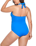 Blue V-Neck Halter One Piece Swimsuit