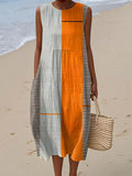 Women's Vintage Abstract Geometry Art Print Sleeveless Cotton Pocket Wrap Dress