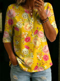 Women’s Vintage Floral Print Casual Half Sleeve Henley Cotton Top