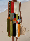 Women's Vintage Abstract Geometric Art Print Sleeveless Cotton Pocket Wrap Dress