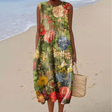 Women's Vintage Floral Art Print Sleeveless Cotton Pocket Wrap Dress