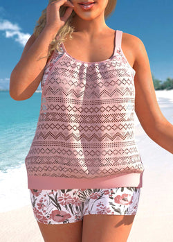 Light Pink Floral Print Plus Size Tankini Set