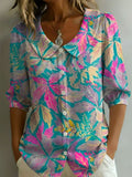 Women's Floral Art Print Casual Stylish Cotton Linen Shirt
