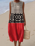 Women's Abstract Geometric Pattern Art Print Sleeveless Cotton Pocket Wrap Dress